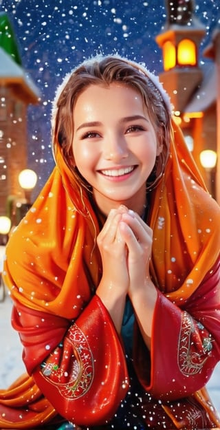 ("MERRY CHRISTMAS" text logo), A happily smiling woman (beautiful face), (Christmas Party: 1.5), brown and orange tones, Christmas, grains of light, clock tower, glowing illuminations, illuminated scenery, silver world, snow, glowing snowflakes, Christmas neon lights, cute girl curled up to warm her hands, warm light, brick cityscape, bench, Christmas tree, short hair, happiness, joyful smiles. Epic, Celestial, decoration, fantasy world, cute world.Anime ,soakingwetclothes, wet clothes, wet hair, Face focused, skin pores, shawl, detail face, soaked hair, , soakingwetclothes, , soakingwetclothes, photo r3al, wet hai