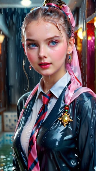 heavy rain, A mesmerizing, ultra-realistic 8K photo captures the essence of a young woman dressed in a British school uniform, draped with a shawl, wearing a wet and glistening pink ponytail hairstyle. The subject exudes a charming wet smile as she dons a Tie, wet uniform sweater, and a wet shawl, all set against a cinematic backdrop. The model's icy eyes and pale wet skin contrast with her ruby wet necklace and bracelet, creating a captivating visual. This stunning masterpiece, with its high contrast and vibrant color, is rendered with exquisite details and textures in a cinematic shot, showcasing the artist's exceptional skill. The image is bathed in warm tones, with a bright and intense atmosphere, and is trending on ArtStation, making it a standout piece