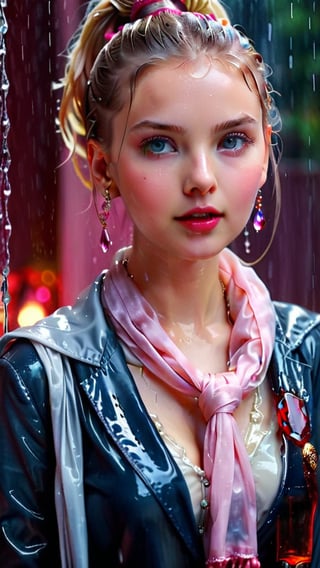 heavy rain, A mesmerizing, ultra-realistic 8K photo captures the essence of a young woman dressed in a British school uniform, draped with a shawl, wearing a wet and glistening pink ponytail hairstyle. The subject exudes a charming wet smile as she dons a woolen scarf, wet tight jacket, and a wet shawl, all set against a cinematic backdrop. The model's icy eyes and pale wet skin contrast with her ruby wet necklace and bracelet, creating a captivating visual. This stunning masterpiece, with its high contrast and vibrant color, is rendered with exquisite details and textures in a cinematic shot, showcasing the artist's exceptional skill. The image is bathed in warm tones, with a bright and intense atmosphere, and is trending on ArtStation, making it a standout piece