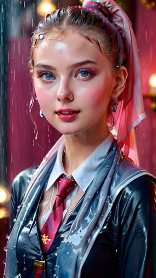 heavy rain, A mesmerizing, ultra-realistic 8K photo captures the essence of a young woman dressed in a British school uniform, draped with a shawl, wearing a wet and glistening pink ponytail hairstyle. The subject exudes a charming wet smile as she dons a Tie, wet uniform sweater, and a wet shawl, all set against a cinematic backdrop. The model's icy eyes and pale wet skin contrast with her ruby wet necklace and bracelet, creating a captivating visual. This stunning masterpiece, with its high contrast and vibrant color, is rendered with exquisite details and textures in a cinematic shot, showcasing the artist's exceptional skill. The image is bathed in warm tones, with a bright and intense atmosphere, and is trending on ArtStation, making it a standout piece