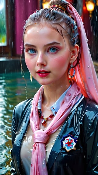 heavy rain, A mesmerizing, ultra-realistic 8K photo captures the essence of a young woman dressed in a British school uniform, draped with a shawl, wearing a wet and glistening pink ponytail hairstyle. The subject exudes a charming wet smile as she dons a woolen scarf, wet tight jacket, and a wet shawl, all set against a cinematic backdrop. The model's icy eyes and pale wet skin contrast with her ruby wet necklace and bracelet, creating a captivating visual. This stunning masterpiece, with its high contrast and vibrant color, is rendered with exquisite details and textures in a cinematic shot, showcasing the artist's exceptional skill. The image is bathed in warm tones, with a bright and intense atmosphere, and is trending on ArtStation, making it a standout piece