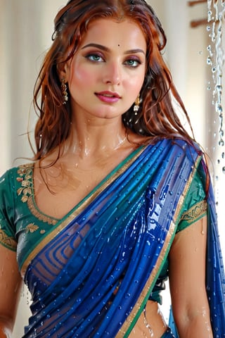 score_9,score_8_up,score_7_up, photorealistic , shot of a confident wet red-haired, portrait of an beautiful russian woman in saree, wet designed saree,  designer saree, white tiled background,  perfect hands highly detailed,detailed skin,highly detailed face and eyes,detailed face, detailed nose, detailed eyes,depth of field,film grain,backlighting, Neutral-Density-Filter, flawless clarity, brightly lit,,crystalz,Decora_SWstyle,art_booster, ((russian, blue saree, wet clothes, wet hair, wet skin, wet_clothes, soaked hair, drenched hair, wet clothes cling to body, wet clothes pattern, soakingwetclothes:1.3)),beautiful,indian,saree influencer,saree model,ultra realistic,real face