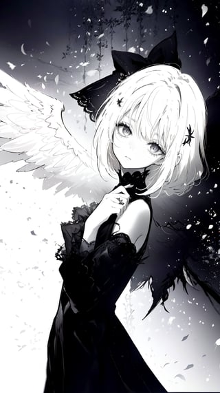 [[[1girl:0.7]]], (fallen angel), angel wing, [[light eyes]],random color, sickness ART, break, Craft an image of a delicate, ethereal anime character with a softer contrast. creating a sense of depth without harshness. Her eyes, drawn with the fragility of pencil strokes, convey a wistful, ephemeral quality, as if they might vanish at a moment's notice. The attire, inspired by gothic fashion, is rendered in lighter tones to maintain the delicate theme, with textures suggested by the lightest touch of the artist's hand, rather than defined by stark lines.,skindentation,AGGA_ST038,mysticlightKA