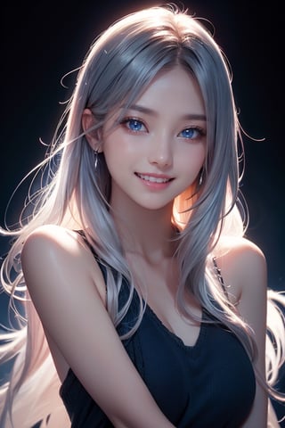 photorealistic, photo with black background, high resolution, laugh, 1 woman, shiny skin, alone, pink lips, long silver hair, ((blue eyes)), smile looking at the photographer, 4k, ph mai, HD