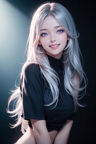 photorealistic, photo with black background, high resolution, laugh, 1 woman, shiny skin, alone, pink lips, long silver hair, ((blue eyes)), smile looking at the photographer, 4k, ph mai, HD