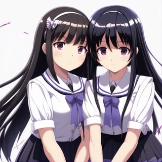 (masterpiece, best quality:1.2), 2girl, solo, homura, white background, simple background, school uniform, extremely detailed
