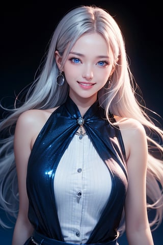 photorealistic, photo with black background, high resolution, laugh, 1 woman, shiny skin, alone, pink lips, long silver hair, ((blue eyes)), smile looking at the photographer, 4k, ph mai, HD