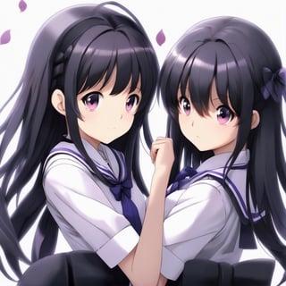 (masterpiece, best quality:1.2), 2girl, solo, homura, white background, simple background, school uniform, extremely detailed
