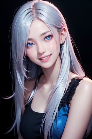 photorealistic, photo with black background, high resolution, laugh, 1 woman, shiny skin, alone, pink lips, long silver hair, ((blue eyes)), smile looking at the photographer, 4k, ph mai, HD