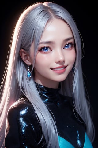 photorealistic, photo with black background, high resolution, laugh, 1 woman, shiny skin, alone, pink lips, long silver hair, ((blue eyes)), smile looking at the photographer, 4k, ph mai, HD