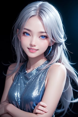 photorealistic, photo with black background, high resolution, laugh, 1 woman, shiny skin, alone, pink lips, long silver hair, ((blue eyes)), smile looking at the photographer, 4k, ph mai, HD