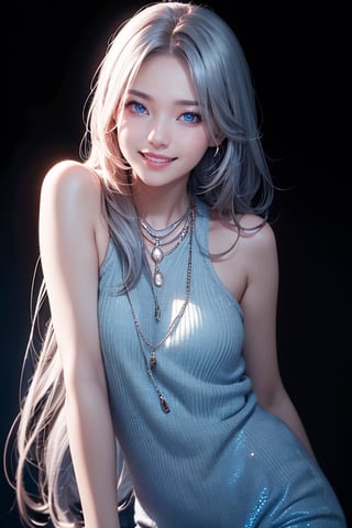 photorealistic, photo with black background, high resolution, laugh, 1 woman, shiny skin, alone, pink lips, long silver hair, ((blue eyes)), smile looking at the photographer, 4k, ph mai, HD