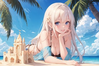 A girl in a bikini,
facing a cute viewer,
a sand castle beach,
She will build a sand castle,
palms,
long hair,
beautiful face,
beautiful skin,
seductive smile,
beautiful body,
(( High image quality)),
(((Top quality)))