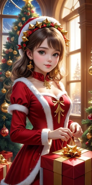 (Masterpiece, Top Quality, Top Quality, Official Art, Aesthetic:1.2), (1girl), Beautiful Girl in Christmas Costume, Extremely Detailed, Christmas Decoration, (Christmas Box, Christmas, Candy, Gold Bell, Ornament, Christmas Tree), Living Room, ( Fractal Art:1.3), supremely detailed, landscapes, lights, twinkling,