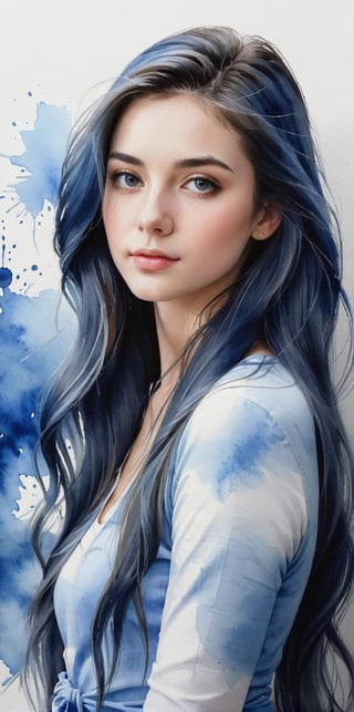 Beautiful modern girl, blue and white, long hair, portrait, hyperrealistic watercolor, high definition, masters of painting, unique beauty, 4k.