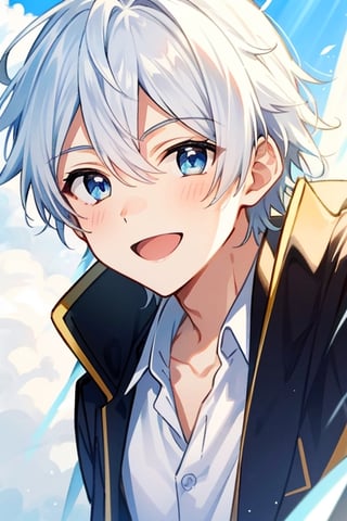 masterpiece, hd, 8k, picture of a boy, solo, white hair, bright blue eyes, handsome,big smile, honest and beautiful smile, open mouth,  kind expression, bright sunshiny day, light rays, light particles, high quality , very close view, face sized picture 