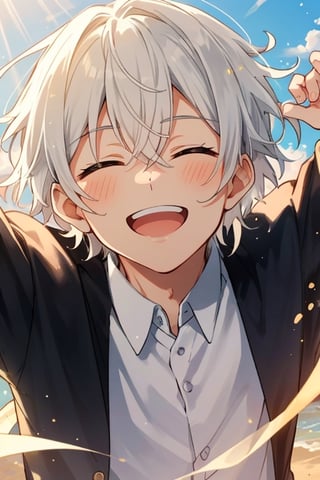 masterpiece, hd, 8k, picture of a boy, solo, white hair, closed  eyes, handsome,big smile, honest and beautiful smile, open mouth,  kind expression, bright sunshiny day, light rays, light particles, high quality , very close view, face sized picture 