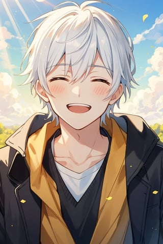 masterpiece, hd, 8k, picture of a boy, solo, white hair, closed  eyes, handsome,big smile, honest and beautiful smile, open mouth,  kind expression, bright sunshiny day, light rays, light particles, high quality , very close view, face sized picture 