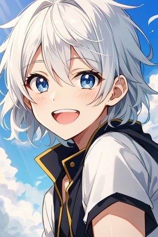 masterpiece, hd, 8k, picture of a boy, solo, white hair, bright blue eyes, handsome,big smile, honest and beautiful smile, open mouth,  kind expression, bright sunshiny day, light rays, light particles, high quality , very close view, face sized picture 