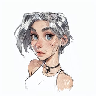 1girl, (caucasian skin), (( 20 years old)), portrait 3/4, dark greengrey eyes, grey hair, European and American cartoon, hand drawing,SAM YANG,DRAWING,cartoon