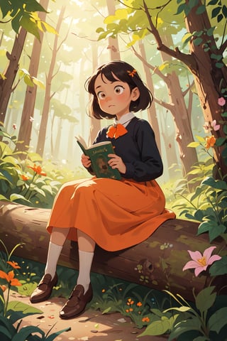 Beatrix Potter hand drawn style,art by Randolph Caldecott,a girl of 8 years,black hair,orange dress,brown shoes,eyes shining with curiosity,close up,in forest,sitting on a log,comfortable,flowers around in style of Randolph Caldecott book illustration,
