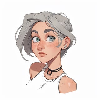 1girl, (caucasian skin), (( 20 years old)), portrait 3/4, dark greengrey eyes, grey hair, European and American cartoon,( hand drawing:1.2) ,DRAWING,cartoon,anime