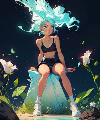 girl (amazing body) (Aquamarine hair), fallen backwards and is sitting, her underwear soaked,  her dark green top has popped open a little, showing her black bra. dark skirt has popped open a little, showing her black underpants, Tights in the grid,SAM YANG