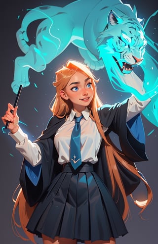 1girl, (caucasian skin), (( 20 years old)), cowboy shot, visualizer, spell expect patronum: translucent liger consisting of blue light, hogwarts student, in left hand magic stick with magical lights, straight_hair, very_long_hair, Light ginger hair, realistic blue eyes, smiling, long black wizard's magic cape with wide sleeves, pleated school black skirt, white shirt with tie, perfect body, perfect hips, perfect breasts, perfect ass, perfect makeup, sensual facial expression, cyan magic edge glow, leg_spread, full_body, perfect legs, perfect hands, perfect hair,SAM YANG