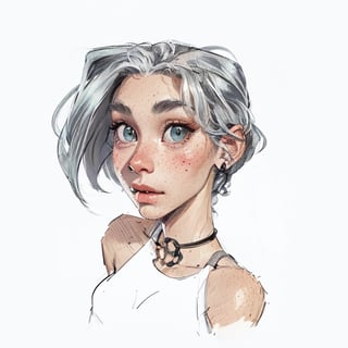 1girl, (caucasian skin), (( 20 years old)), portrait 3/4, dark greengrey eyes, grey hair, European and American cartoon, hand drawing,SAM YANG,DRAWING,cartoon