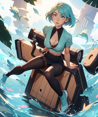 girl (amazing body) (Aquamarine hair), fallen backwards and is sitting, her underwear soaked,  her dark green top has popped open a little, showing her black bra. dark skirt has popped open a little, showing her black underpants, Tights in the grid,SAM YANG