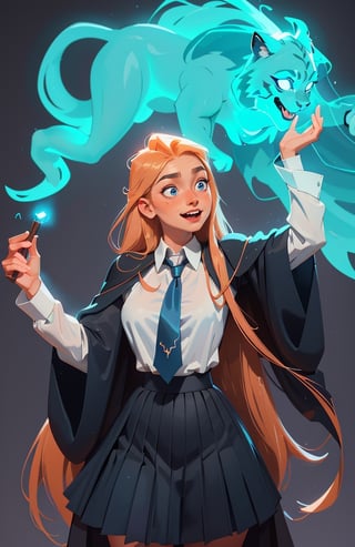 1girl, (caucasian skin), (( 20 years old)), cowboy shot, visualizer, spell expect patronum: translucent liger consisting of blue light, hogwarts student, in left hand magic stick with magical lights, straight_hair, very_long_hair, Light ginger hair, realistic blue eyes, smiling, long black wizard's magic cape with wide sleeves, pleated school black skirt, white shirt with tie, perfect body, perfect hips, perfect breasts, perfect ass, perfect makeup, sensual facial expression, cyan magic edge glow, leg_spread, full_body, perfect legs, perfect hands, perfect hair,SAM YANG