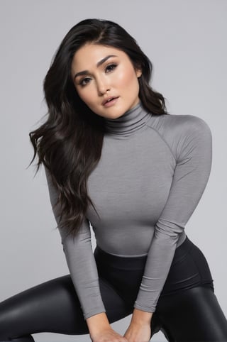 Daniella Pineda, posing for a photoshooting, wearing a grey turtleneck long sleeve tight top and a black sport legging, mid calf boots, long hair, black hair, model body posture, sexy facial expression 