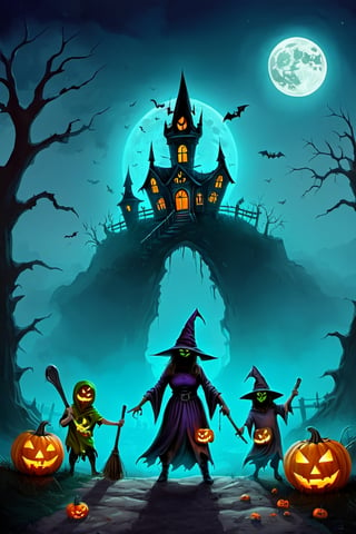 Create a vector design for a t-shirt featuring an image of a Halloween patrol with the following characters: one cute ghost holding a spooky arm rising from a tomb, one beautiful witch with her broom, one adorable mummy holding a baseball bat, and one stunning vampire girl using a syringe to draw blood from her victims. The background should include a haunted house, bats, a full moon, and a Halloween atmosphere. Text: 'Hostile Squash,' 4K resolution, high-definition,cyberpunk style,h4n3n