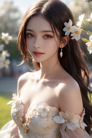 Best quality, masterpiece, ultra high res, (photorealistic:1.4), raw photo, 1girl, white dress, off shoulder, blossom flower field, glowing skin, light smile