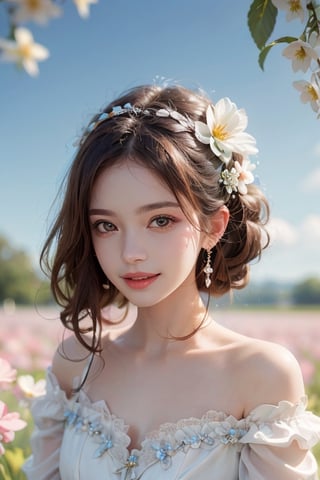 Best quality, masterpiece, ultra high res, (photorealistic:1.4), raw photo, 1girl, white dress, off shoulder, blossom flower field, glowing skin, light smile