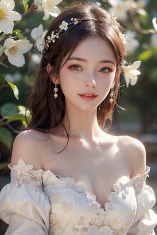 Best quality, masterpiece, ultra high res, (photorealistic:1.4), raw photo, 1girl, white dress, off shoulder, blossom flower field, glowing skin, light smile