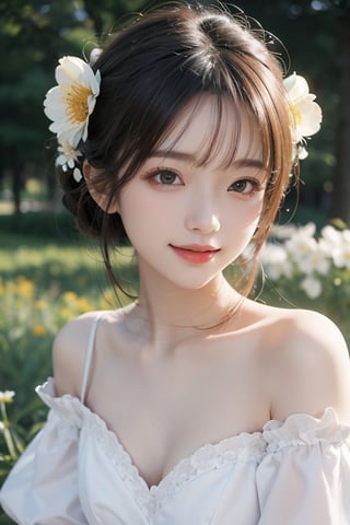 Best quality, masterpiece, ultra high res, (photorealistic:1.4), raw photo, 1girl, white dress, off shoulder, blossom flower field, glowing skin, light smile