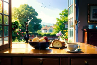 A beautifully set table by a large window, overlooking a garden bathed in morning sunlight. On the table, there's a plate of scrambled eggs, toast, and a small bowl of berries. The person sits down with a smile, their coffee cup in hand, ready to enjoy their meal. The ambiance is peaceful, with a gentle breeze causing the curtains to sway slightly.