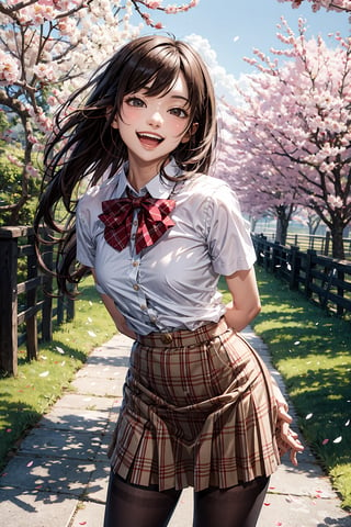 masterpiece, best quality, highres, aamahiru, long hair, red bowtie, white shirt, short sleeves, plaid skirt, brown skirt, pantyhose, , standing, cowboy shot, leaning forward, arms behind back, outdoors, cherry blossoms, smile, open mouth.