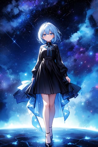 ((solo, one woman )), lights mist, colors, space,  black clothes, star lights, blue flames,