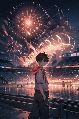 One boy (inside stadium, hand in pants ), brown hair, hair up, green eyes, chlotes (shirt, sport pants, red bandana), angry smile, high resolution, highly detailed, detailed background, perfect lighting,  bracelet, background (stadium, lights ,clean sky, night, fireworks ), (boy:1.3)