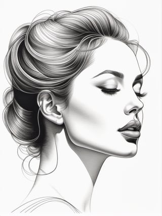 Pen drawing with an aspect ratio of 1;2 showing the side profile of a woman. Delicate lines trace her face, capturing the curvature of her nose, lips, and eyelashes, creating a sense of elegance.