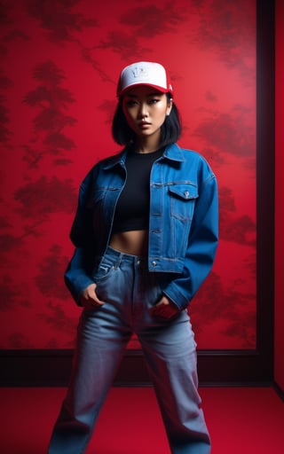 (masterpiece:1) A photo full body japanese girl rapper (dressed blue jean sport:1.2), artwork inspired by Stanley Kubrick on location with dynamic pose, (red shirt), (hip hop Style), pale skin, (black cap sport:1.2), (short tousled hair:1), (challenging face:1.2), ultra realistic, 8k, HD, Photography, Shadow lighting, (red background:1),(cinematic dark lighting:1.4), beautifull style, (Beautifull colours),photo r3al,detailmaster2, (black and red), perfect face,perfecteyes, (beige soft lighting), (pore skin), (wrinkles skin:1), (Behind you stretches a long, red room, illuminated by a soft light coming from the walls that flank it. The walls are covered with faded wallpaper and the floor is worn:1.4),asian girl,photo of perfect eyes