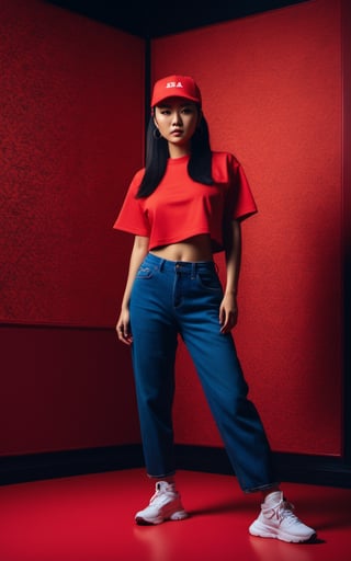 (masterpiece:1) A photo full body japanese girl rapper (dressed blue jean sport:1.2), artwork inspired by Stanley Kubrick on location with dynamic pose, (red shirt), (hip hop Style), pale skin, (black cap sport:1.2), (short tousled hair:1), (challenging face:1.2), ultra realistic, 8k, HD, Photography, Shadow lighting, (red background:1),(cinematic dark lighting:1.4), beautifull style, (Beautifull colours),photo r3al,detailmaster2, (black and red), perfect face,perfecteyes, (beige soft lighting), (pore skin), (wrinkles skin:1), (Behind you stretches a long, red room, illuminated by a soft light coming from the walls that flank it. The walls are covered with faded wallpaper and the floor is worn:1.4),asian girl,photo of perfect eyes