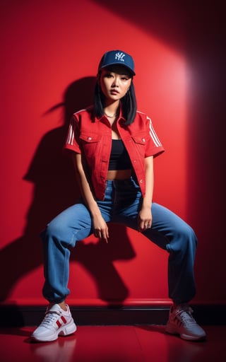 (masterpiece:1) A photo full body japanese girl rapper (dressed blue jean sport:1.2), artwork inspired by Stanley Kubrick on location with dynamic pose, (red shirt), (hip hop Style), pale skin, (black cap sport:1.2), (short tousled hair:1), (challenging face:1.2), ultra realistic, 8k, HD, Photography, Shadow lighting, (red background:1),(cinematic dark lighting:1.4), beautifull style, (Beautifull colours),photo r3al,detailmaster2, (black and red), perfect face,perfecteyes, (beige soft lighting), (pore skin), (wrinkles skin:1), (Behind you stretches a long, red room, illuminated by a soft light coming from the walls that flank it. The walls are covered with faded wallpaper and the floor is worn:1.4),asian girl,photo of perfect eyes