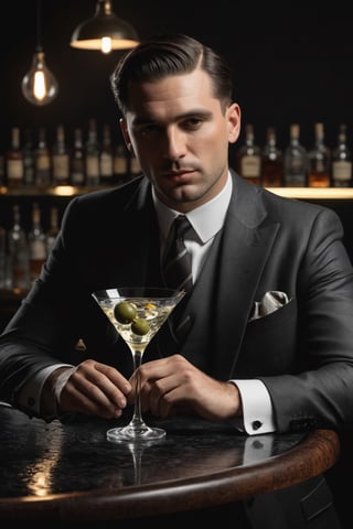 (masterpiece:1) A photo of a 1920's era New York bar, man drinking a martini, on a dark grey and black background, clutter, martini large glass with clear alcohol and a single olive in it., ultra realistic, 8k, HD, Photography, Shadow lighting, (black background:1),(cinematic dark lighting:1.4), beautifull style, (Beautifull colours), (dark black and black), light lighting, (pore skin),3D Render Style