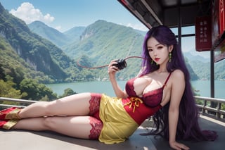 (8k,  RAW photo,  photorealistic:1.25),  ( 32D cup breasts),  (highly detailed skin:1.2),  ,  well sunlit,  outdoor,  ulzzang,   phoenix eyes,  cherry lips,beautiful face,full body , (Purple, yellow, green and red  lace traditional clothing)  ,  long_hair ,Taking photos near the Sun Moon Lake cable car station