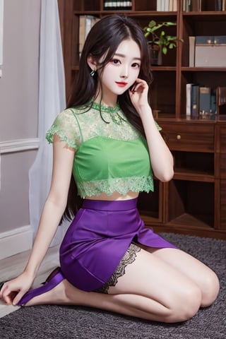 A beatiful woman, long hair, age 22 , focus legs, Lace mini slit skirt, see_through:1, green top,red dress,Purple skirt, full body,