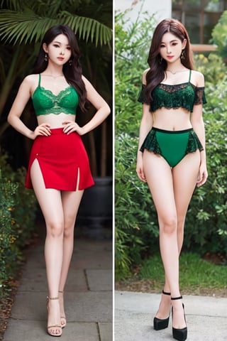 A beatiful woman, long hair, age 22 , focus legs, Lace mini slit skirt, see_through:1, green top,red bikini dress, full body,