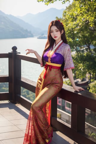  photorealistic, masterpiece, best quality, raw photo,medium breasts,(8k,  RAW photo,  photorealistic:1.25),  (highly detailed skin:1.2),   ,  well sunlit,  outdoor,  ulzzang,  phoenix eyes,  cherry lips, beautiful face, full body,  (Purple,  yellow,  green and red  lace traditional clothing),  long_hair , Taking photos near the Sun Moon Lake cable car station
